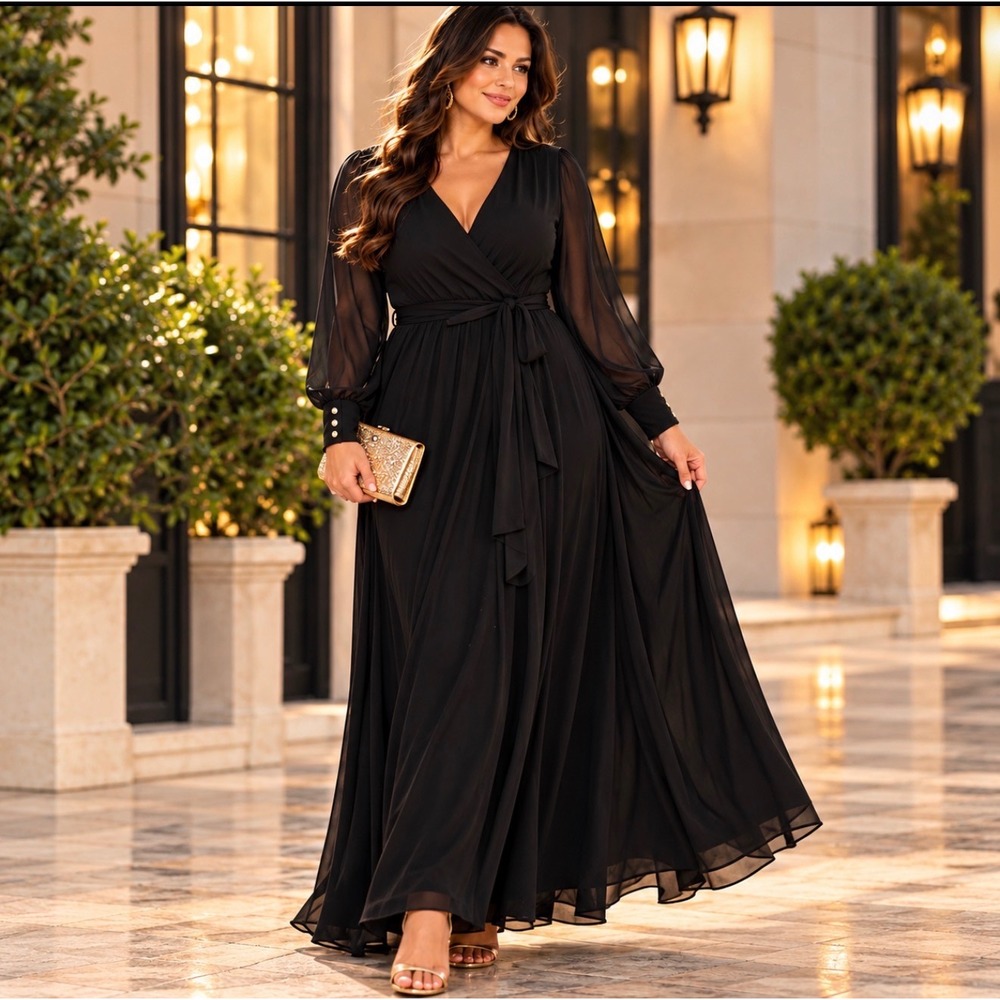 Baltic Born Black Faux Wrap Maxi Dress Sheer Sleeve Gold Button Formal Size L